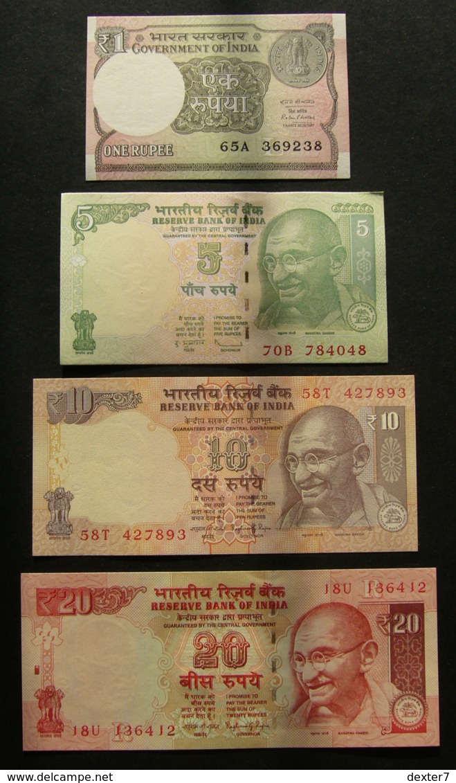 India 1, 5, 10 E 20 Rupie Rupee - 4x Pcs Set UNC FDS - India