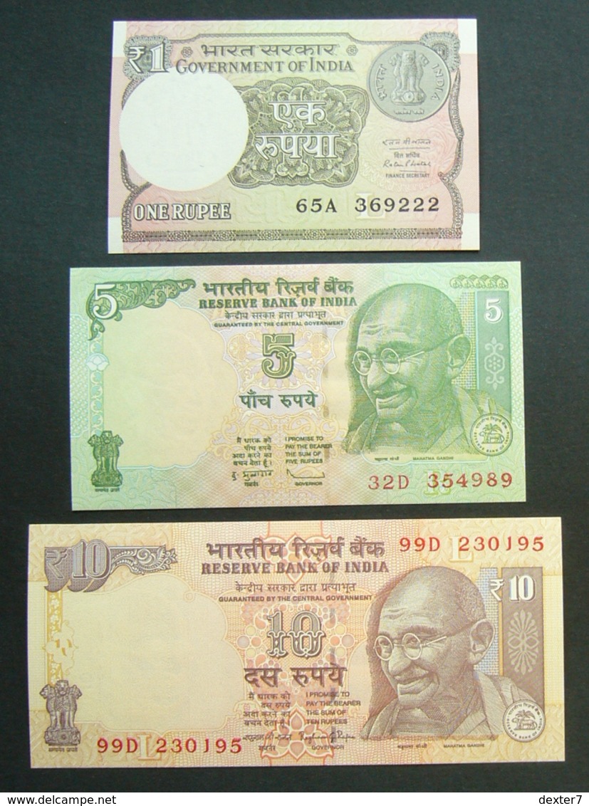 India 1, 5 E 10 Rupie Rupee - 3x Pcs Set UNC FDS - India