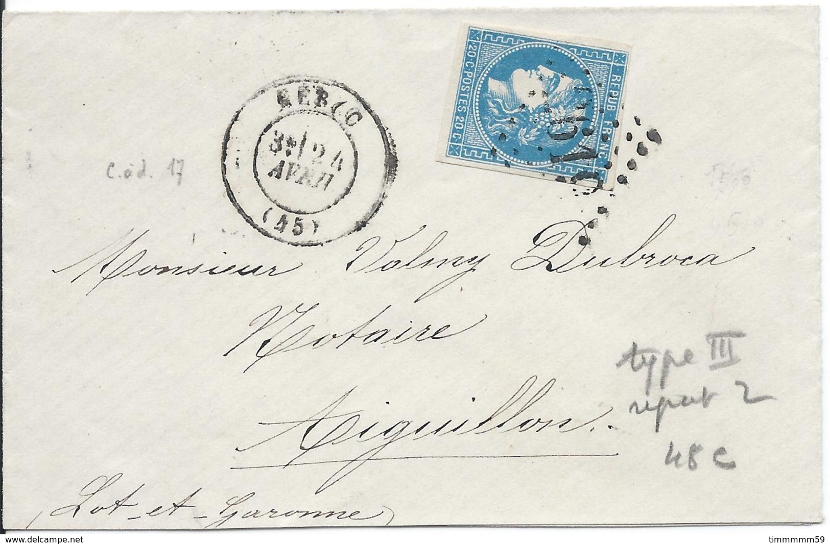 Lot N°44631  Variété/n°45C/Enveloppe, Oblit GC 2619 Nérac, Lot-et-Garonne (45), Trait Blanc Au Dessus Du S De POSTES - 1870 Emissione Di Bordeaux