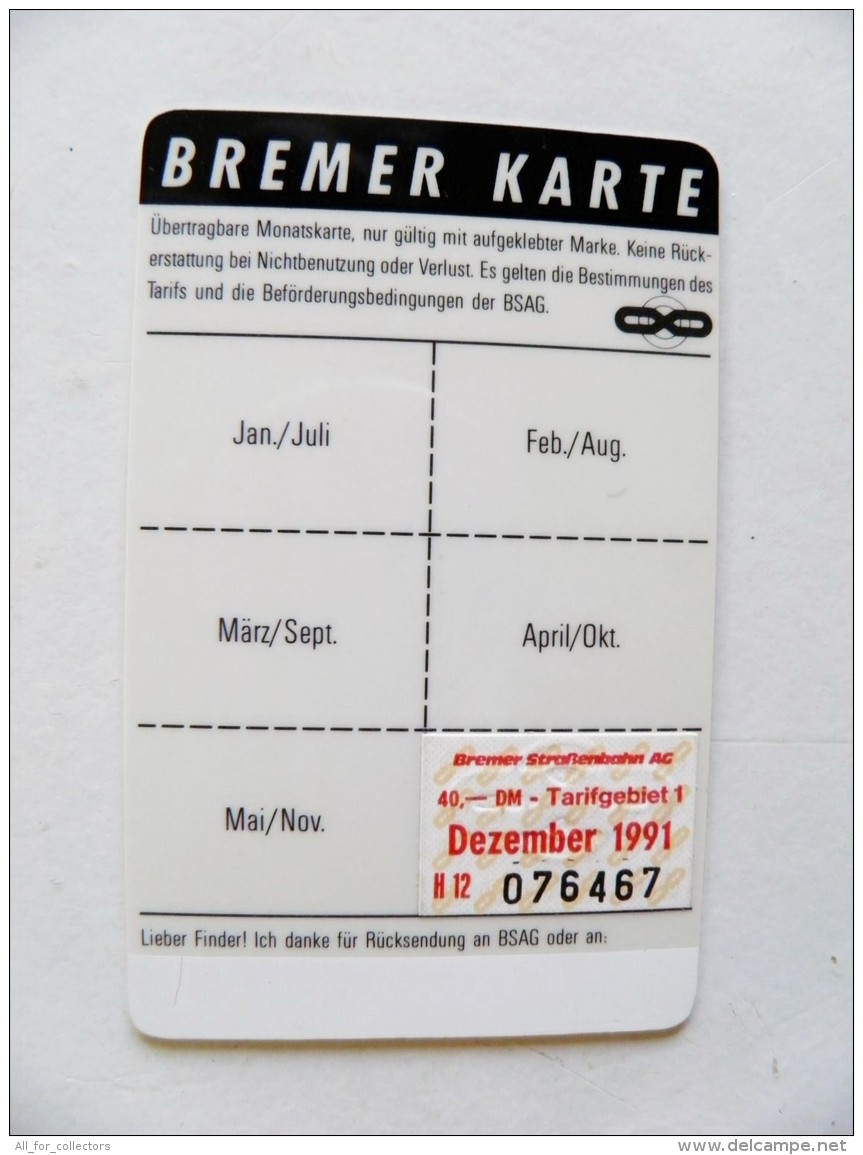 Plastic Transport Ticket Bus Tram From Germany Bremer Karte - Europa