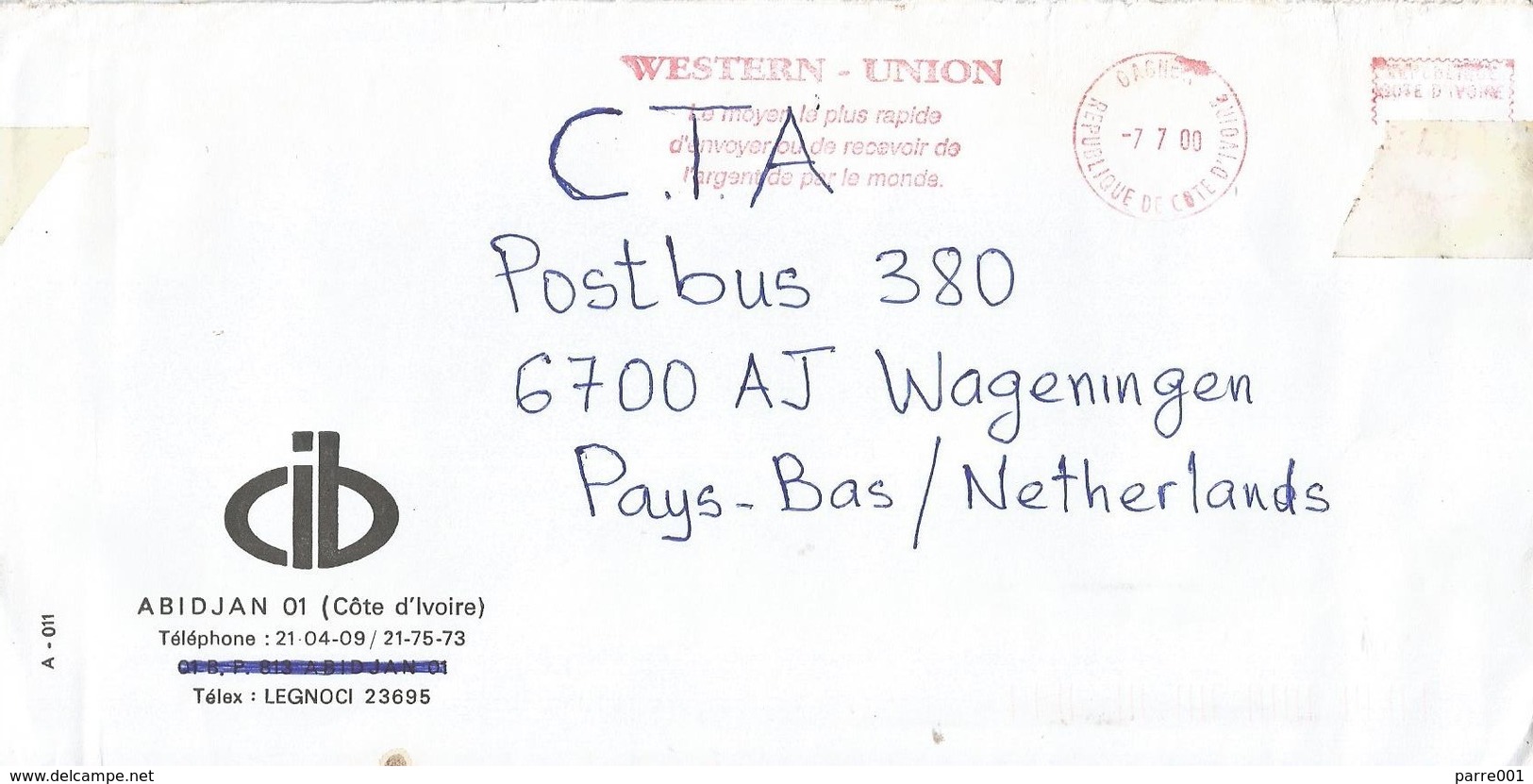 Cote D'Ivoire Ivory Coast 2000 Gagnoa Post Office Meter Secap “NE” 94333 Western Union Money Transfer Slogan EMA Cover - Ivoorkust (1960-...)