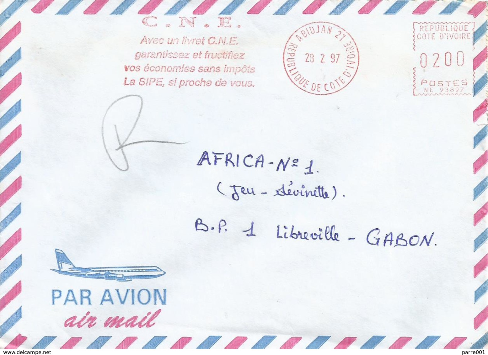 Cote D'Ivoire Ivory Coast 1997 Abidjan 21 Post Office Meter Secap “NE” 93897 Slogan EMA Cover - Ivoorkust (1960-...)