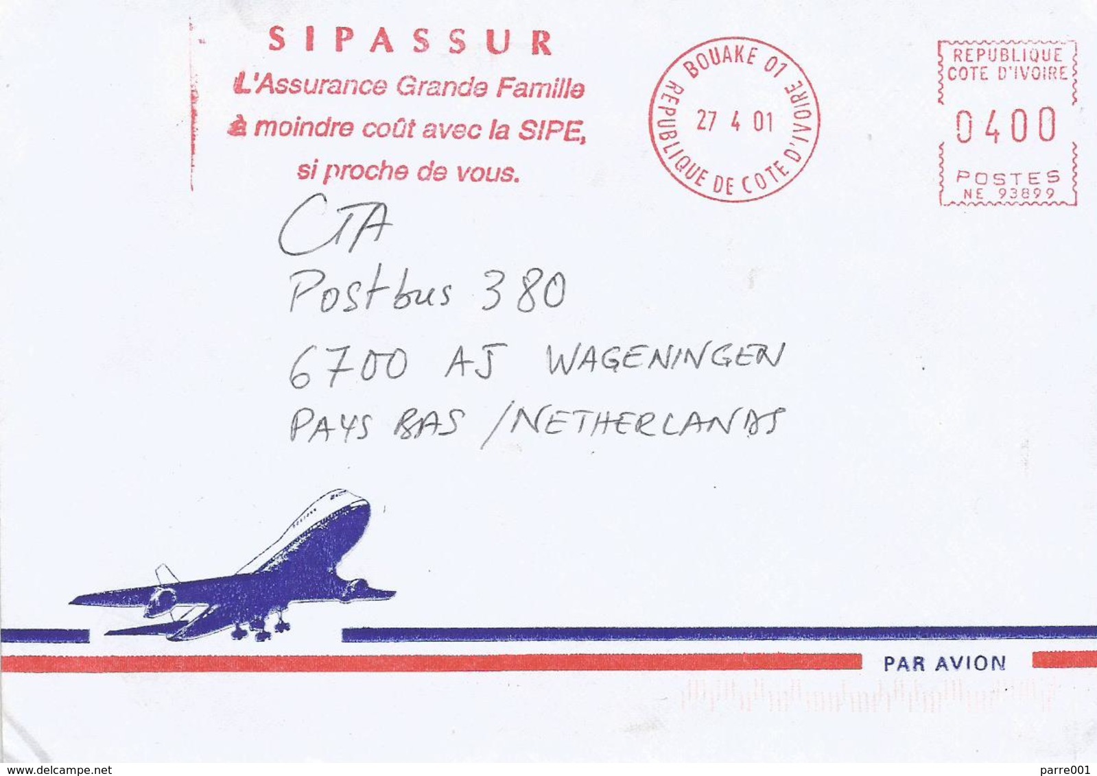 Cote D'Ivoire Ivory Coast 2001 Bouake 01 Post Office Meter Secap “NE” 93899 Insurance Slogan EMA Cover - Ivory Coast (1960-...)
