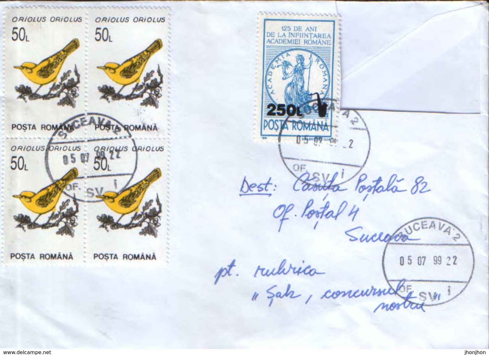 Romania - Registered Letter Circulated In 1999 - Birds In Block Of 4 And Overprint " Saxophone " - Lettres & Documents