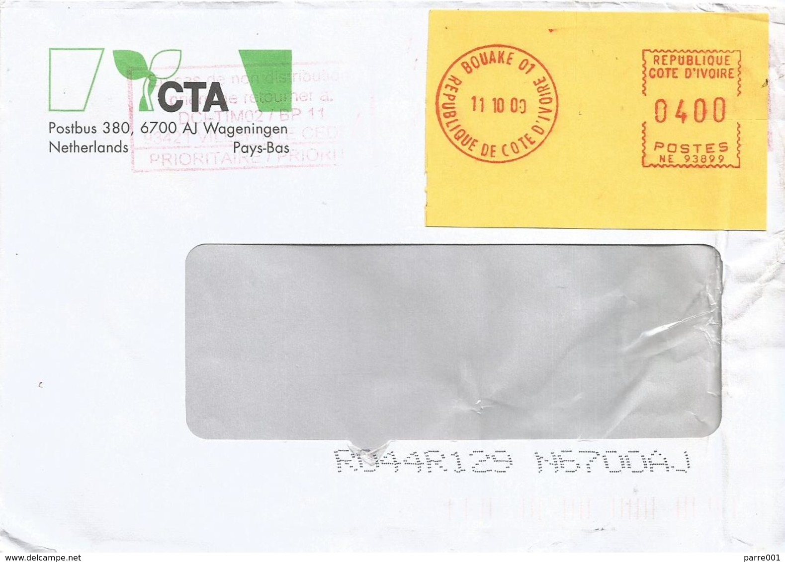 Cote D'Ivoire Ivory Coast 2000 Bouake 01 Post Office Meter Secap “NE” 93899 EMA Cover - Côte D'Ivoire (1960-...)