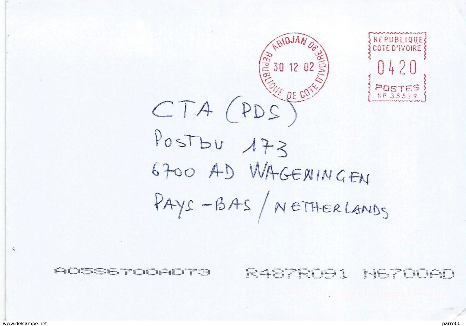 Cote D'Ivoire Ivory Coast 2002 Abidjan 06 Post Office Meter Secap “NP” 35529 EMA Cover. Unrecorded - Ivoorkust (1960-...)
