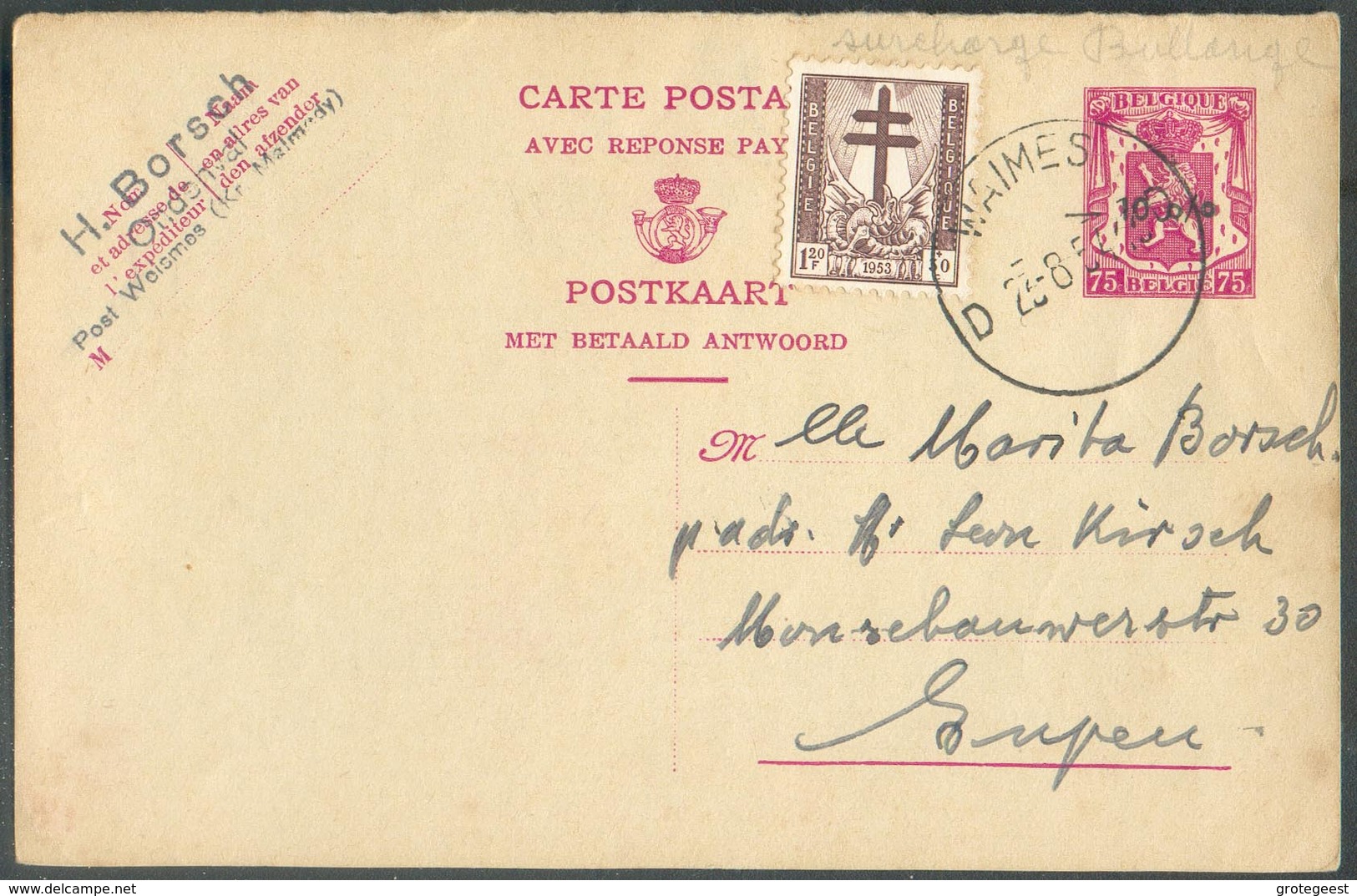 CANTONS De L'EST - E.P Carte 75cent -10%  (+ Tp) Obl. Sc WAIMES Du 23-8-1954 Vers Eupen - 13367 - Cartoline 1934-1951