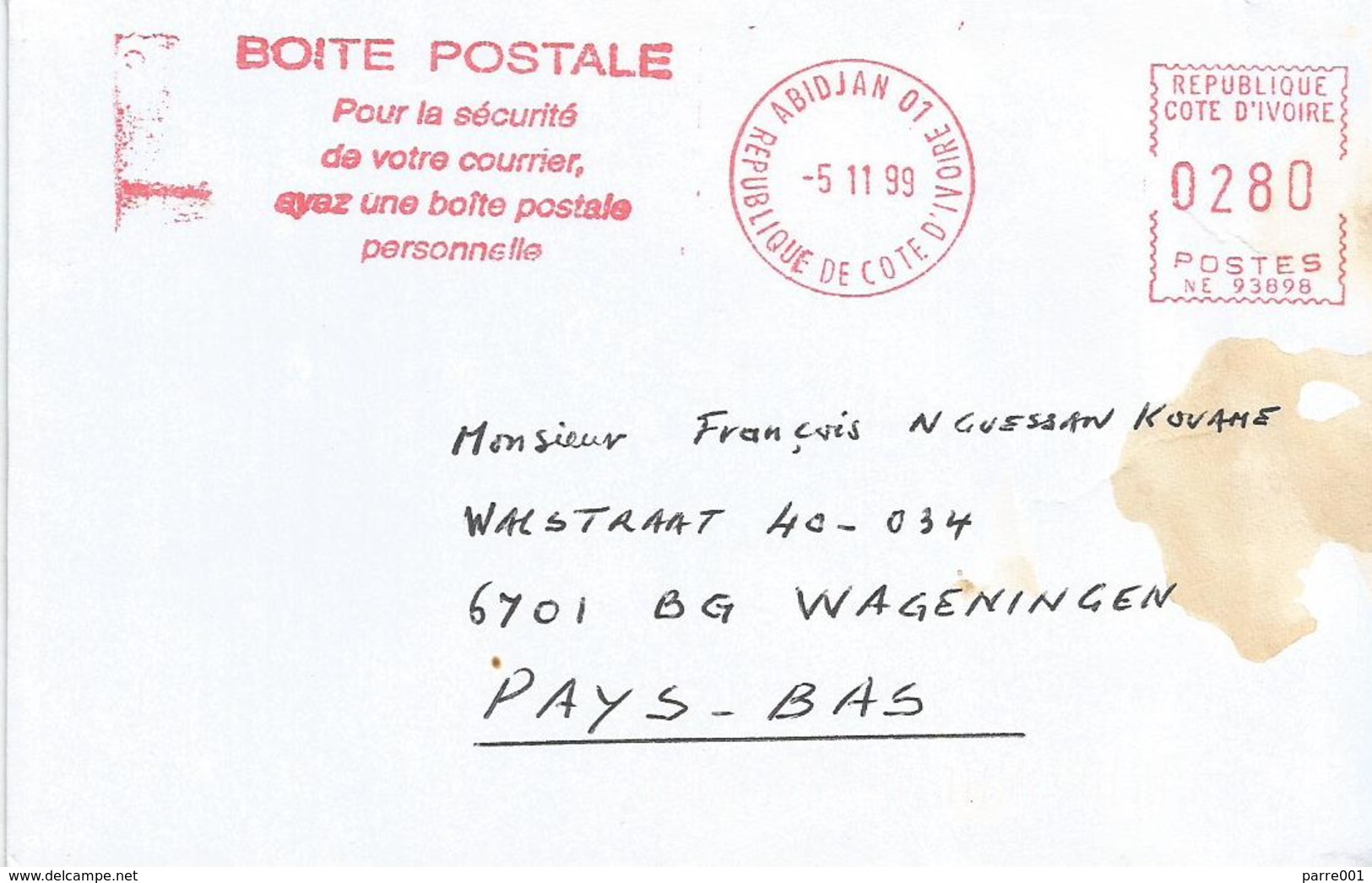 Cote D'Ivoire Ivory Coast 1999 Abidjan 01 Post Office Meter Secap “NE” 93898 Slogan EMA Cover - Ivoorkust (1960-...)