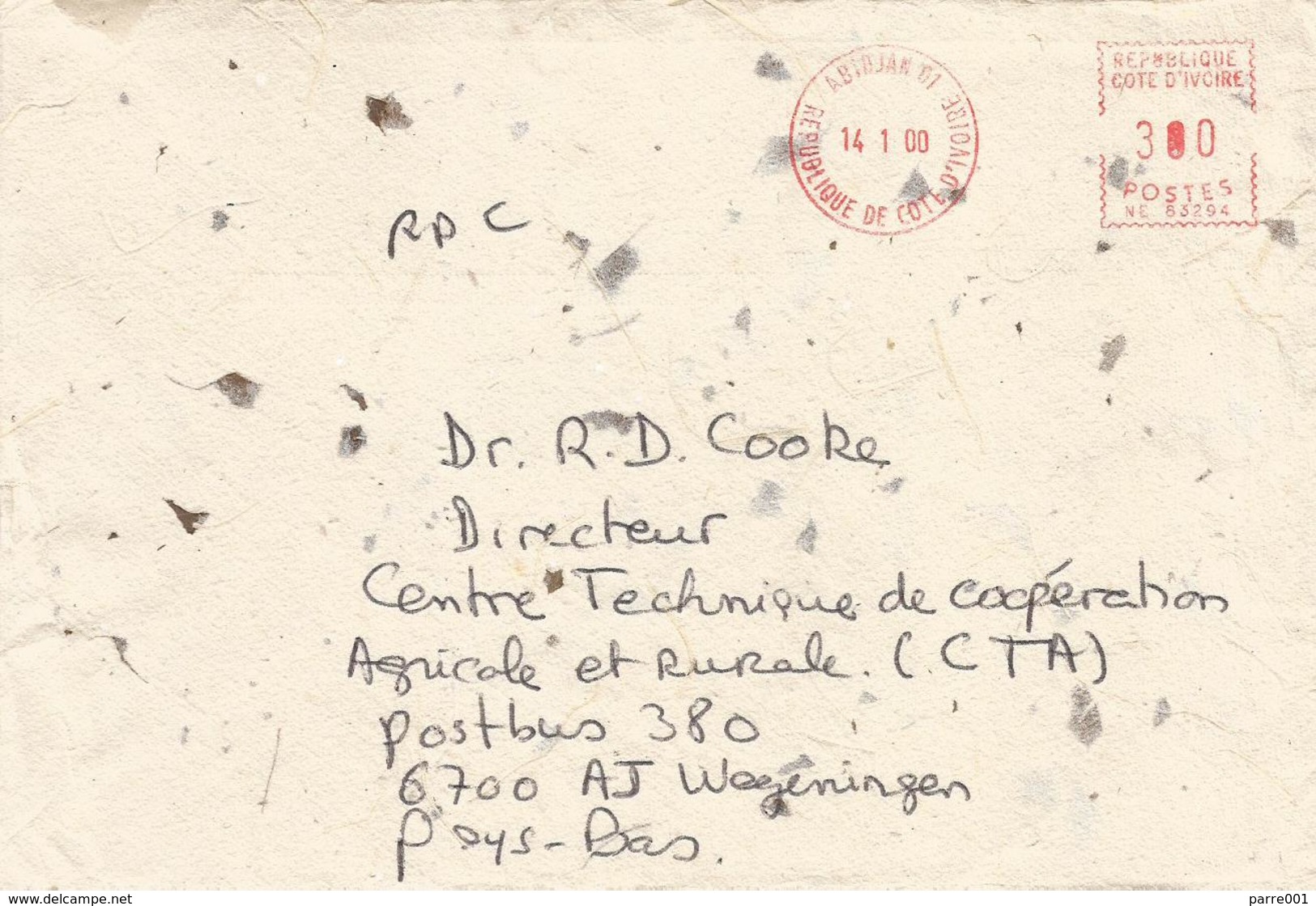 Cote D'Ivoire Ivory Coast 2000 Abidjan 01 Meter Secap “NE”  83294 European Commission Delegation EMA Cover - Ivoorkust (1960-...)