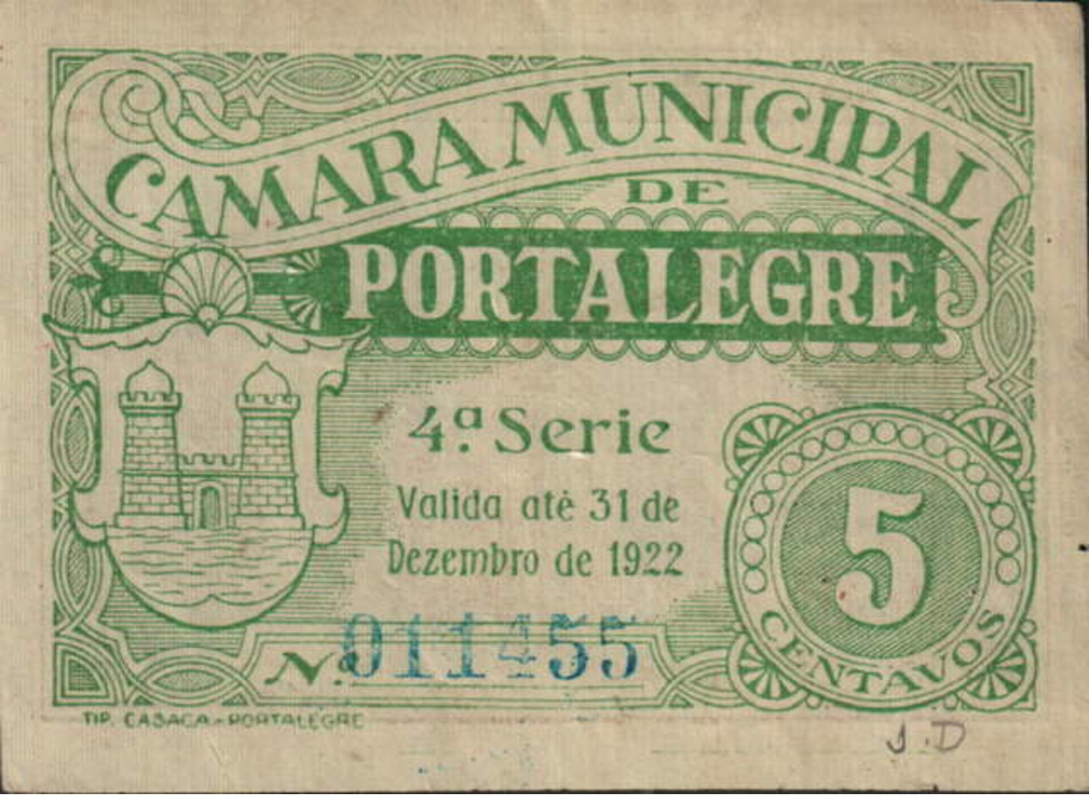 CÉDULA DE 5 CENTAVOS 31 DE DEZEMBRO DE 1922-4ª. SÉRIE Nº.011455 - Portugal