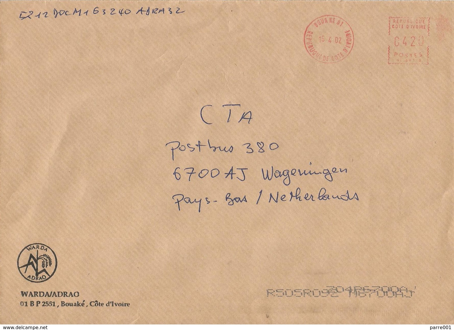 Cote D'Ivoire Ivory Coast 2002 Bouake 01 Meter Secap “NE” 89313 Rice Institute EMA Cover - Ivory Coast (1960-...)