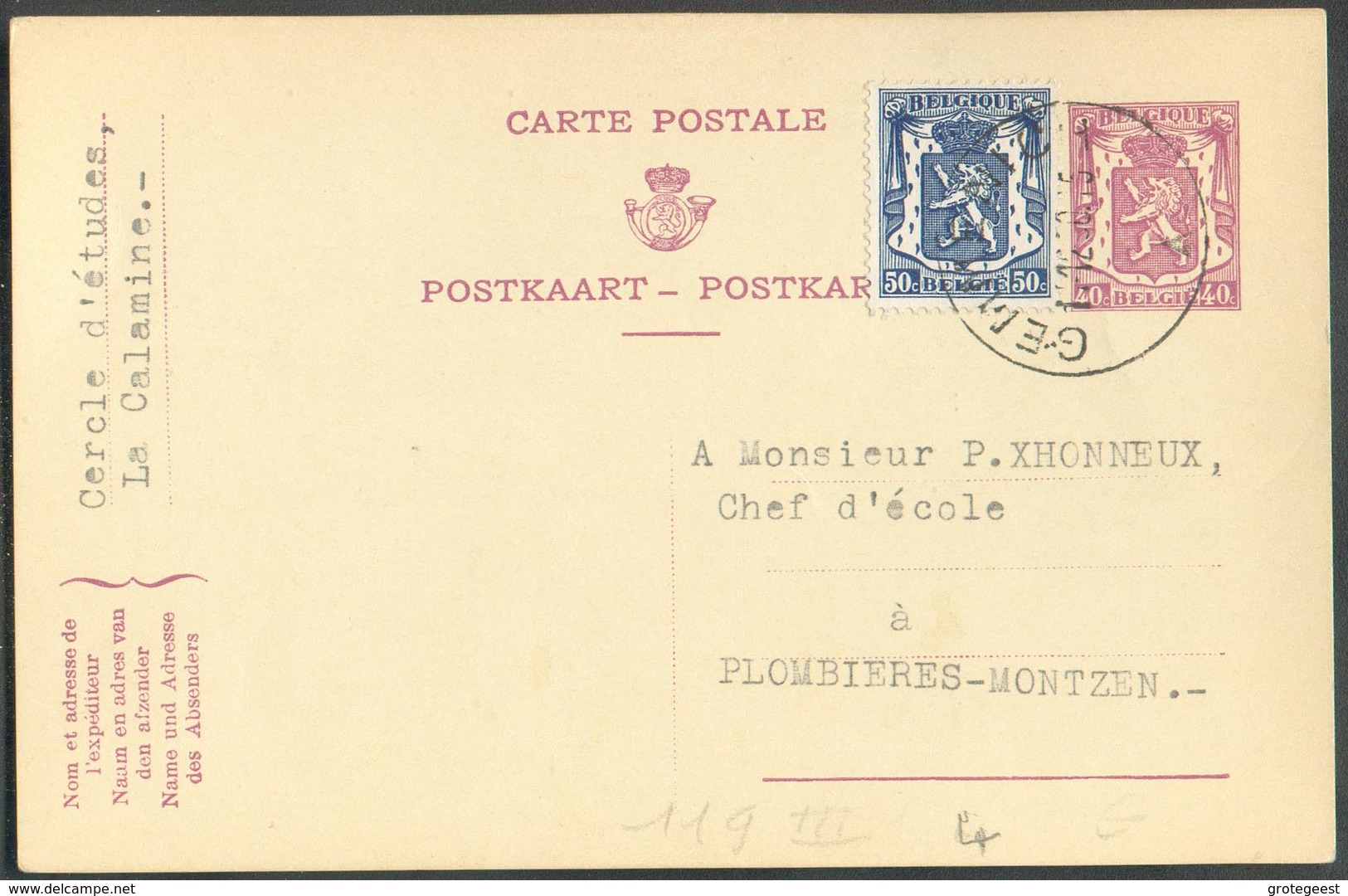 CANTONS De L'EST - E.P Carte 40cent (+ Tp 50c.) Obl. Sc GEMMENICH Du 11-12-1950 Vers Plombières-Montzen - 13368 - Cartes Postales 1934-1951