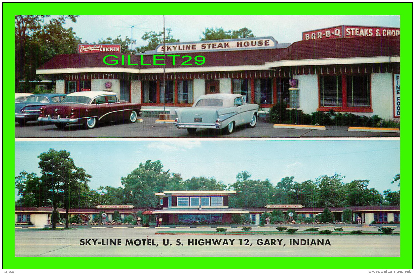 GARY, IN - SKY-LINE MOTEL - 2 MULTIVUES -  ANIMATED OLD CARS - MARTY STREFLING - - Gary