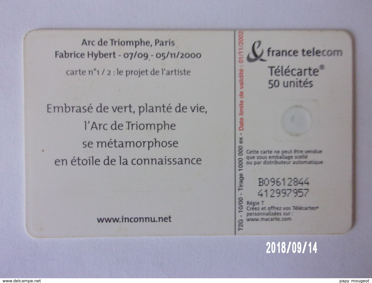 F1091 50U GEM2 10/00 - Fabrice Hybert - Arc De Triomphe - 2000