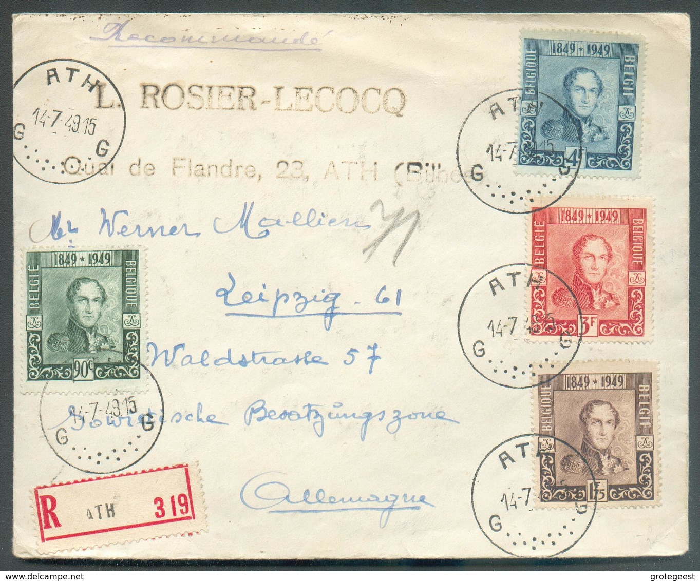 Lettre Affr. Série EPAULETTES Obl. Sc ATH En Recommandé Le 14-7-1949 Vers L'Allemagne  - 13381 - Unused Stamps