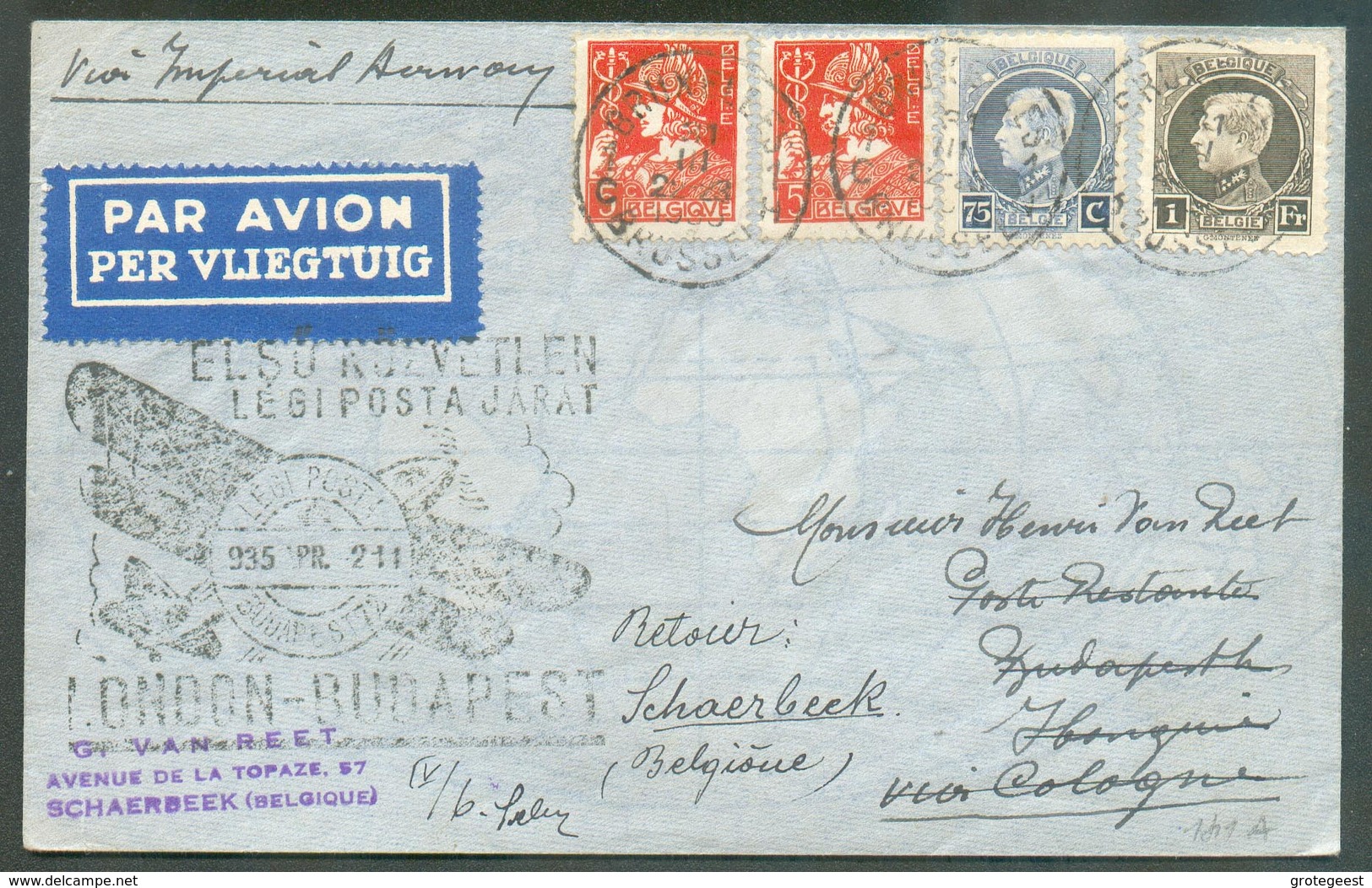 Lettre Par Avion Affr; à 1Fr.85 Obl. Sc BRUXELLES Du 31-III-1935 Vers Budapet (biffé) Retour Schaerbeek + Griffe LONDON- - 1932 Ceres E Mercurio