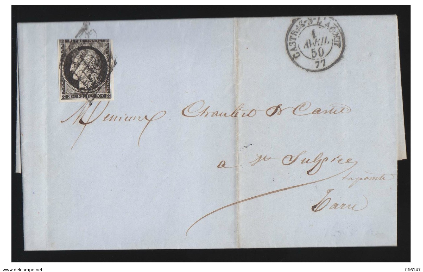 FRANCE --1850-- LETTRE DE CASTRES POUR ST SULPICE- T à D TYPE 15 -- GRILLE SUR N°3--TIMBRE TOUCHE-- - 1849-1876: Klassik