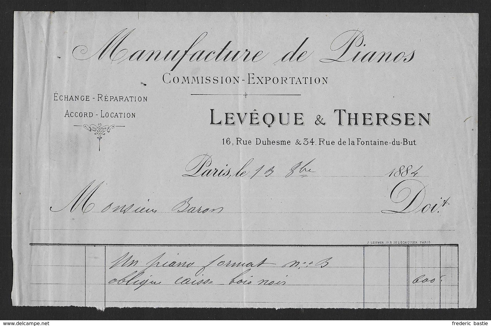 Paris - Manufacture De Pianos - Levêque & Thersen - 1800 – 1899