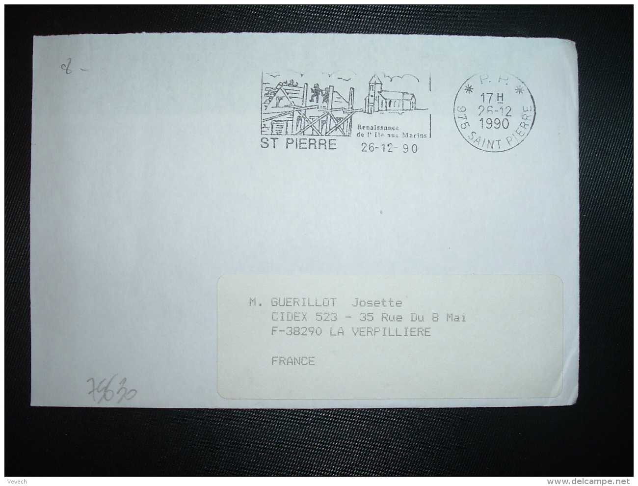 LETTRE PORT PAYE OBL.MEC. P.P. 26-12 1990 975 SAINT PIERRE Renaissance De L'Ile Aux Marins - Lettres & Documents