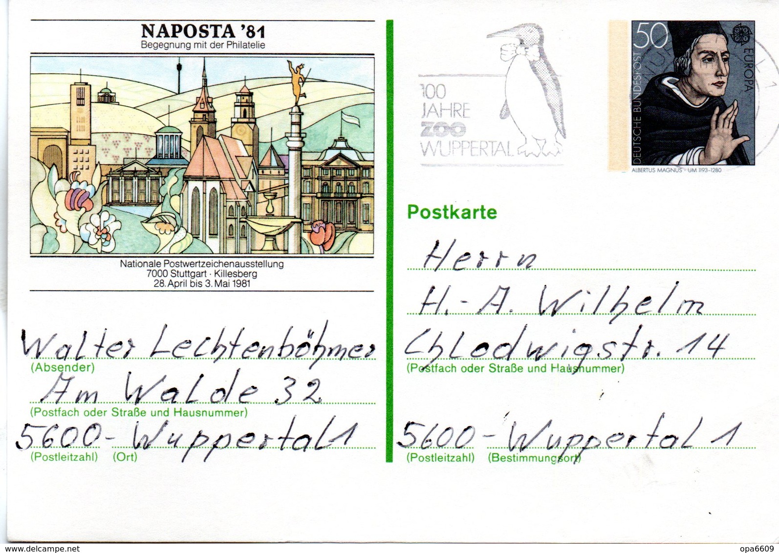 BRD Amtliche GZS-Sonderpostk. PSo 6 "NAPOSTA'81 Stuttgart" WSt "Albertus Magnus" 50(Pf), MWSt WUPPERTAL - Postkarten - Gebraucht