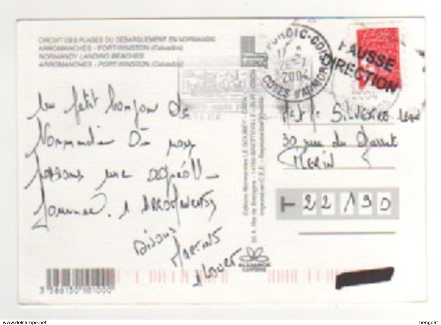 Timbre , Stamp  Sur CP , Carte , Postcard Du 24/07/2004 De Arromanches , Belle Griffe Fausse Direction De Pordic 22 - Storia Postale