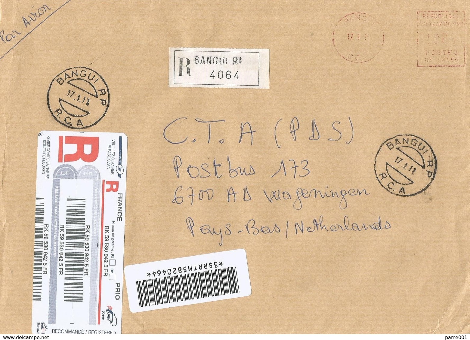 Centrafrique RCA CAR 2006 Bangui Post Office Meter Neopost NE 94656 EMA Registered Cover Via France - Centraal-Afrikaanse Republiek