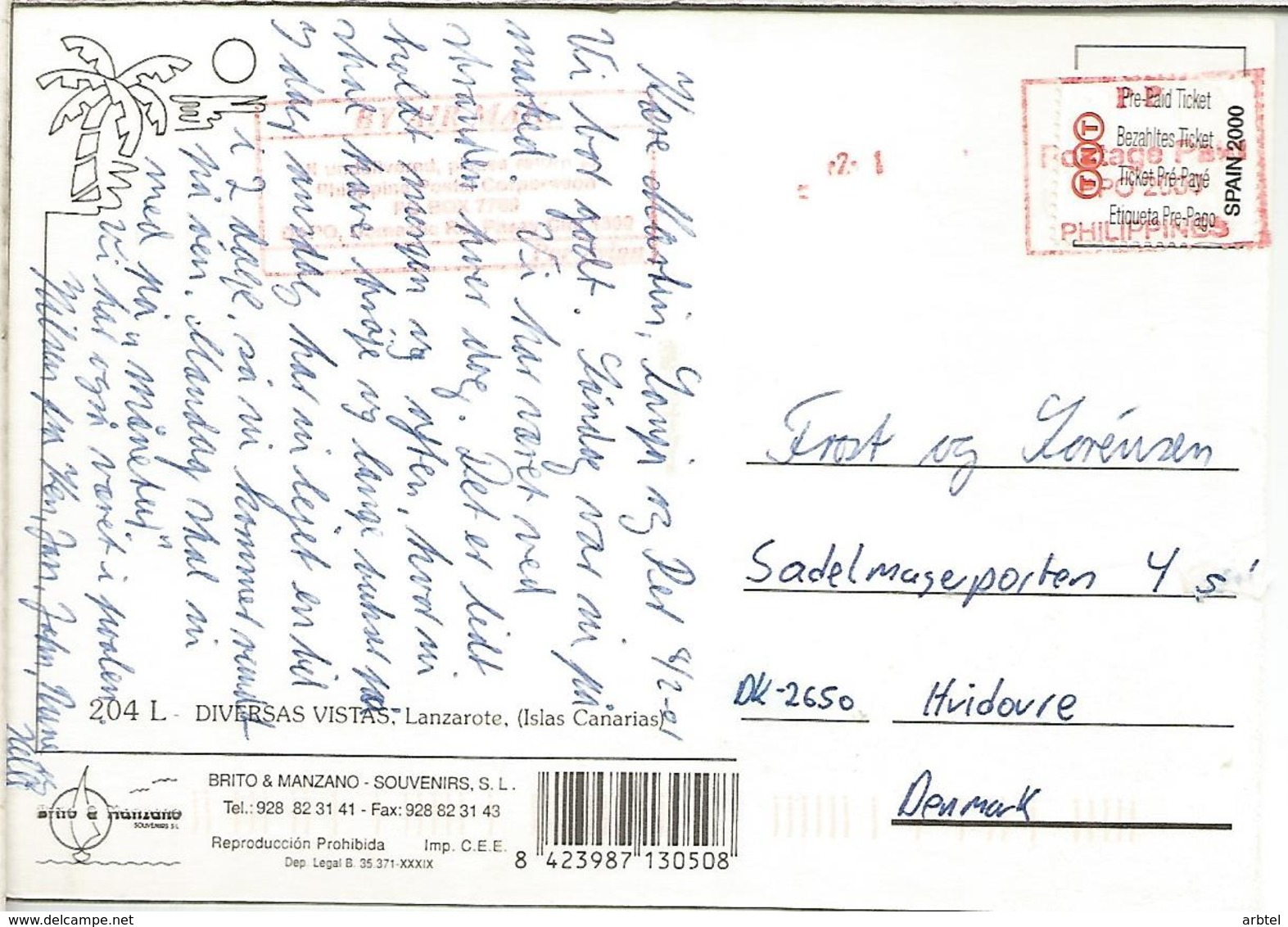 LANZAROTE CANARIAS TP CORREO TURISTICO ENCAMINADO POR OPERADOR POSTAL EXTRANJERO TOURISTIC MAIL VIA SPAIN TNT WITH LABEL - Cartas & Documentos