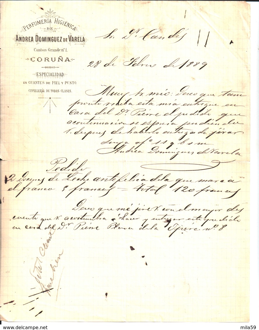 Andrea Dominguez De Varela. Perfumeria Higienica. Coruna. 1889. Destiné à M. Candes - Autres & Non Classés