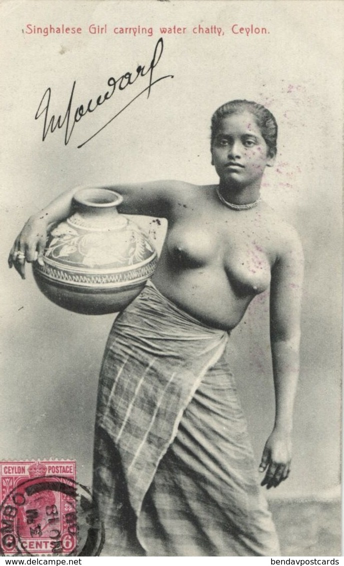 Ceylon, Nude Singhalese Woman Carrying Water Chatty, Topless (1909) Postcard - Sri Lanka (Ceylon)