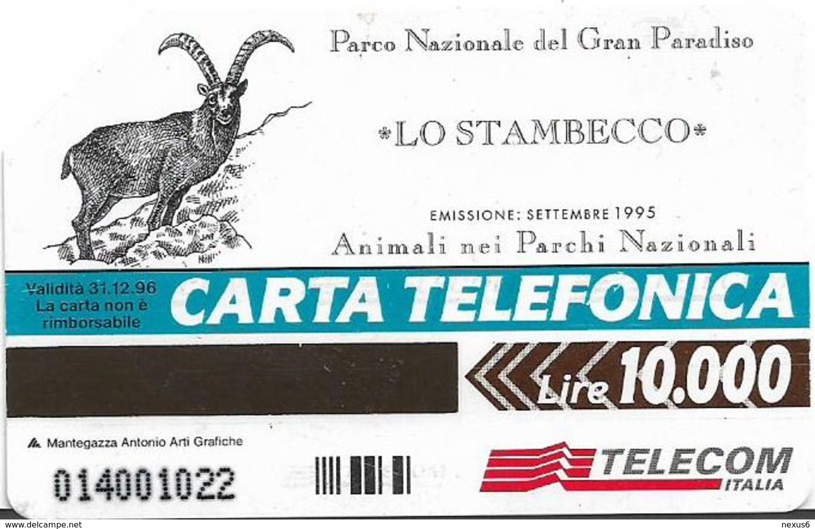 Italy - Telecom Italia - Animali Nei Parchi - Stambecco - 10.000₤ - Exp. 31.12.1996, 40.000ex, Used - Públicas Ordinarias