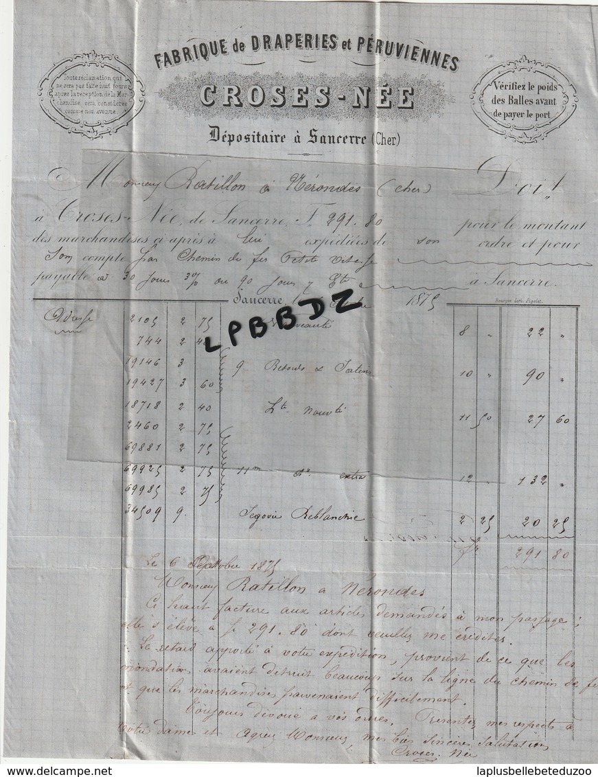 LETTRE - FACTURE Et Billet à Ordre -  1875 - 18 - SANCERRE - Fabrique De Draperie CROSES - NEE - NERONDES - 1800 – 1899