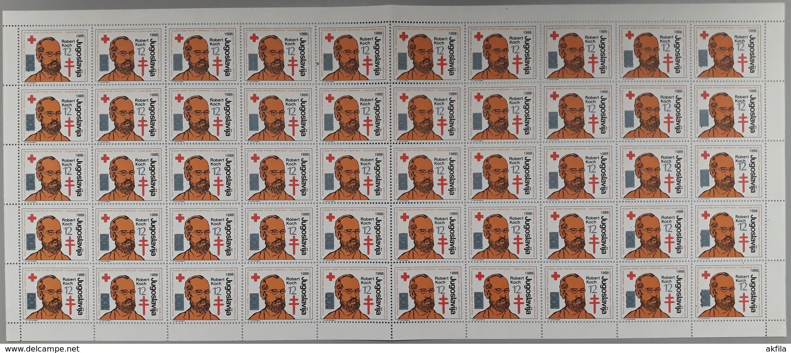 Yugoslavia 1988 Fight Against Tuberculosis Surcharge, Robert Koch With Overprint, Sheet Of 50, MNH (**) Michel 165 - Blocs-feuillets