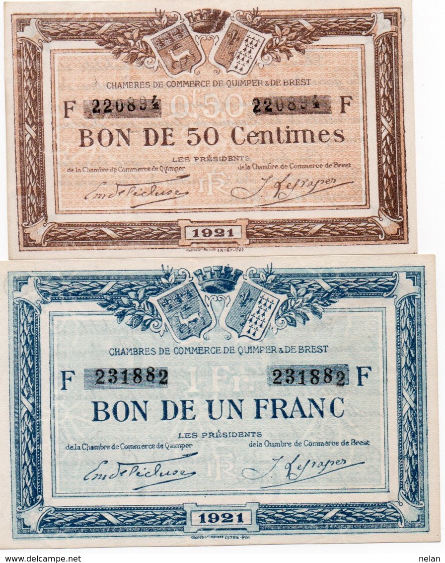 FRANCIA-CHAMBRES DE COMMERCE DE QUIMPER&DE BREST-BON DE 50 CENTIMES,1 FRANC-1921-UNC - Ohne Zuordnung