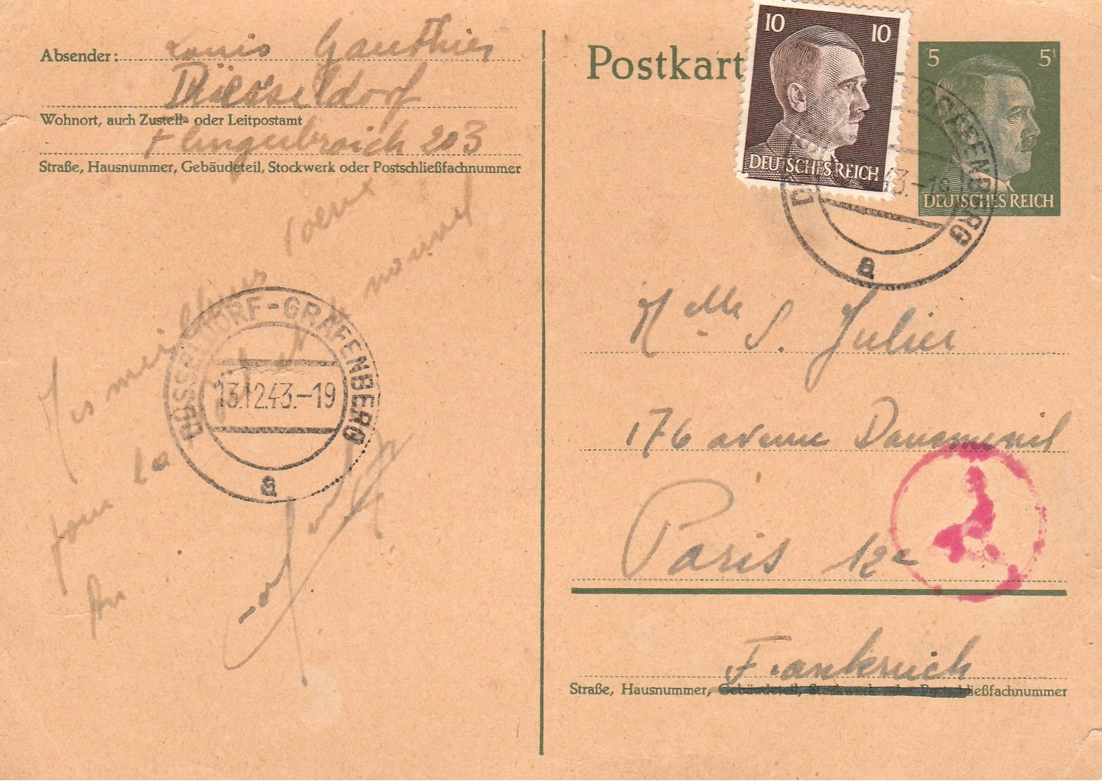 1942 - Entier Postal Et Timbre Hitler - Cachet Dusseldorf Grafenberg - Covers & Documents