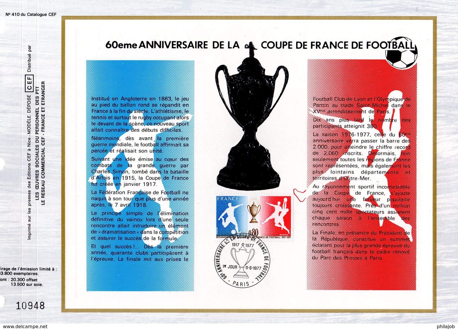 &#9917;"  60 ANS DE LA COUPE DE FRANCE DE FOOTBALL " Sur Feuillet CEF 1er Jour En Relief De 1977 N° YT 1940. Parf état. - Cartas & Documentos