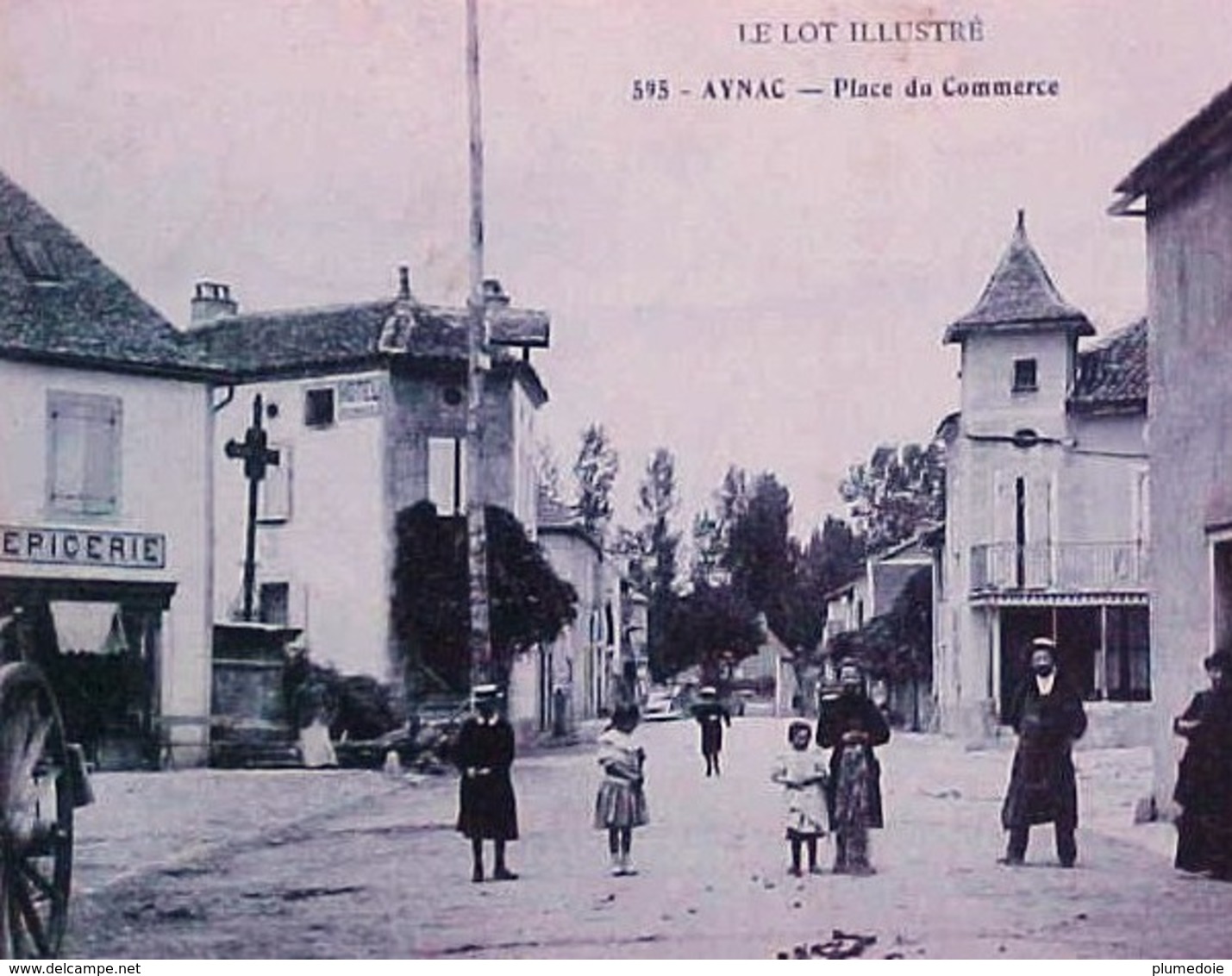 Cpa 46 AYNAC Animée PLACE DU COMMERCE , Café Hotel , Epicerie , 1907  , EDITEUR BAUDEL SAINT CERE - Autres & Non Classés