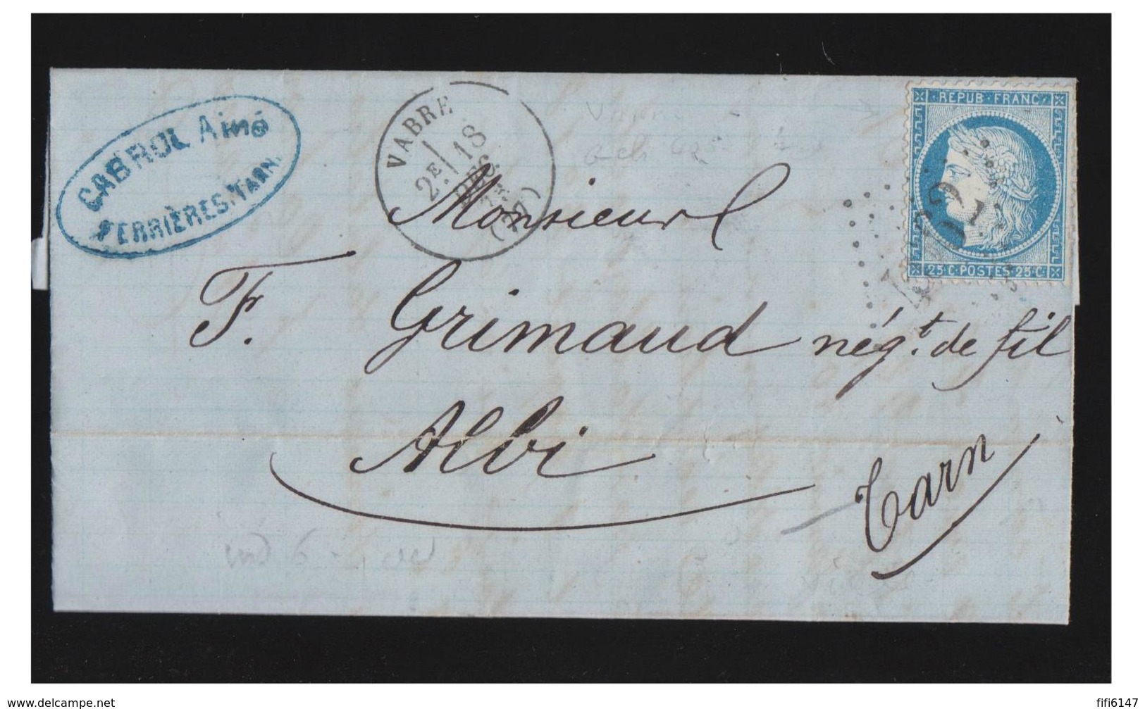 FRANCE -- TARN -- LOSANGE GROS CHIFFRES "4062" DE VABRE SUR N°60--1873 -- LETTRE POUR ALBI-- - 1849-1876: Klassik