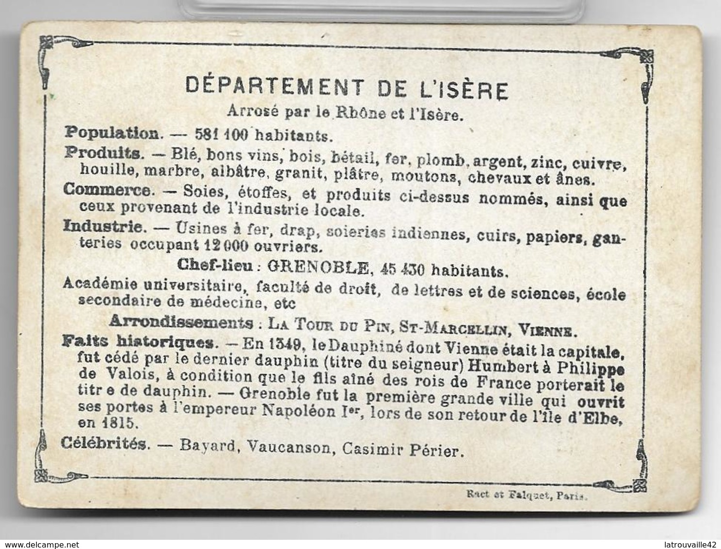 Ancienne Carte Chromo (1880-1920) Département Français ISERE - Otros & Sin Clasificación