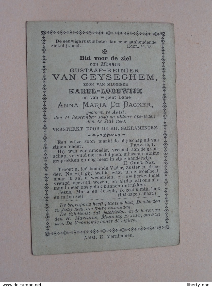 DP Gustaaf-Reinier VAN GEYSEGHEM (zoon Van Karel & Anna De Backer) Aalst 11 Sept 1840 - 13 Juli 1886 ( Zie Foto's ) ! - Obituary Notices