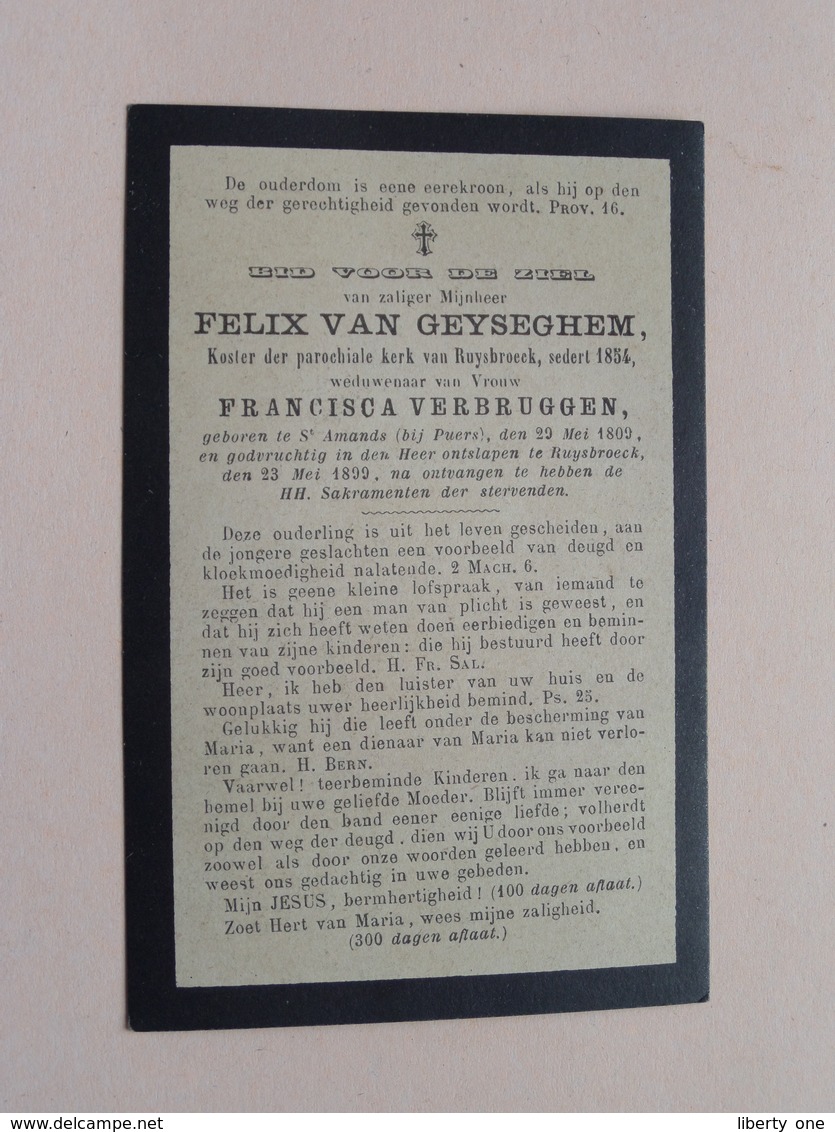 DP Felix VAN GEYSEGHEM (VERBRUGGEN) Sr. Amands (Puers) 29 Mei 1809 - Ruysbroeck 23 Mei 1899 ( Zie Foto's ) ! - Avvisi Di Necrologio