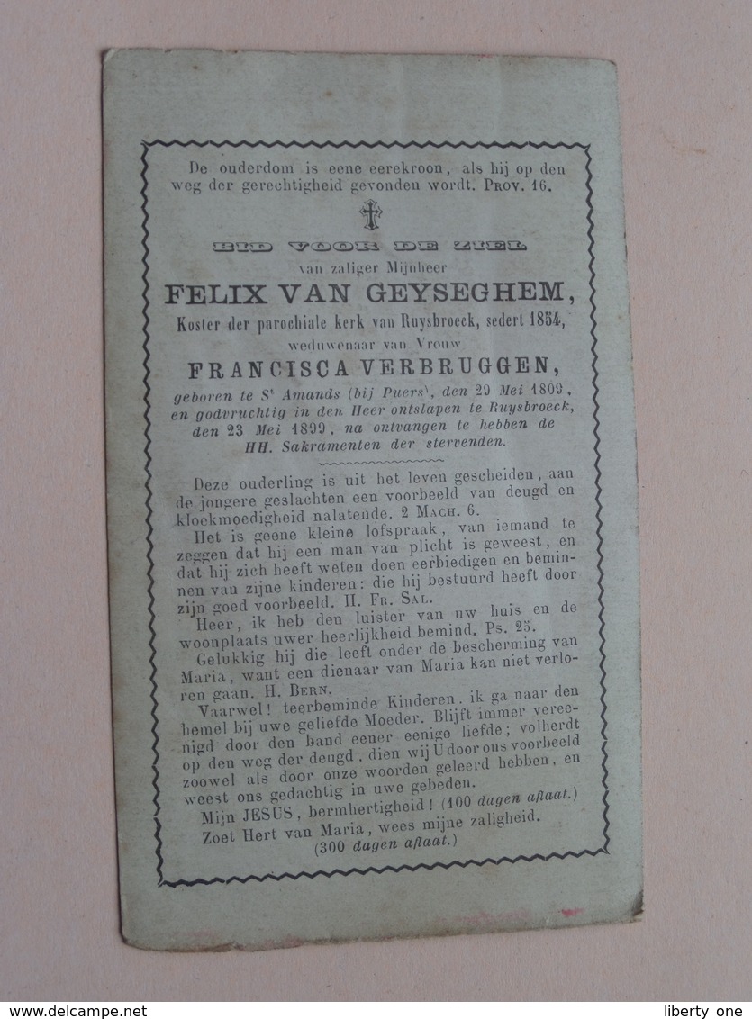 DP Felix VAN GEYSEGHEM (VERBRUGGEN) Sr. Amands (Puers) 29 Mei 1809 - Ruysbroeck 23 Mei 1899 ( Zie Foto's ) ! - Obituary Notices