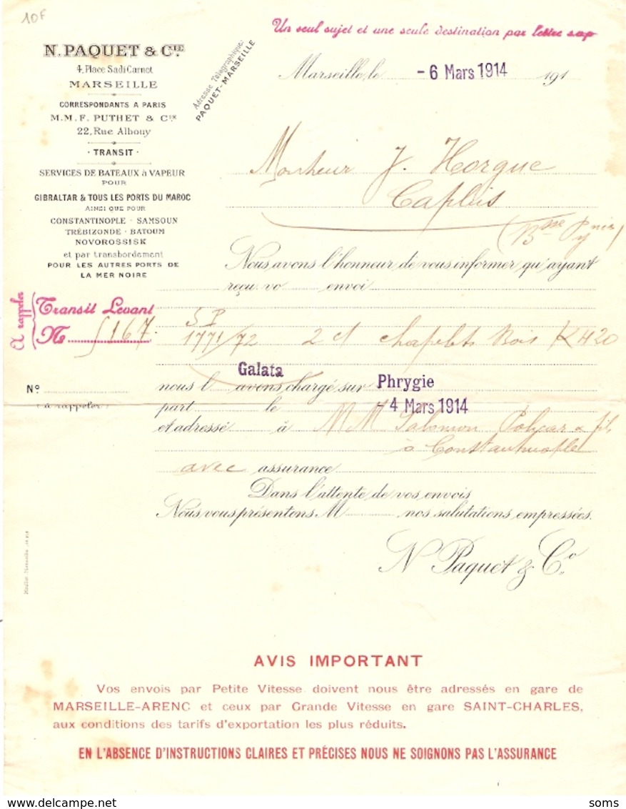 Certificat De Transport De Chapelets Sur Le Cargo "Phrygie" (Cie Paquet) Pour Constantinople / Istanbul, 1914, Levant - Other & Unclassified