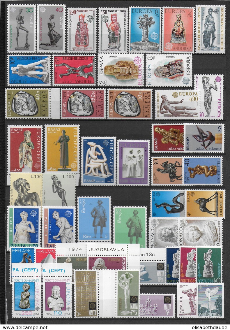 1974 - EUROPA - ANNEE COMPLETE ** - COTE YVERT = 207 EURO - SCULPTURES - 49 TIMBRES + 1 BLOC - 2 SCANS - Annate Complete