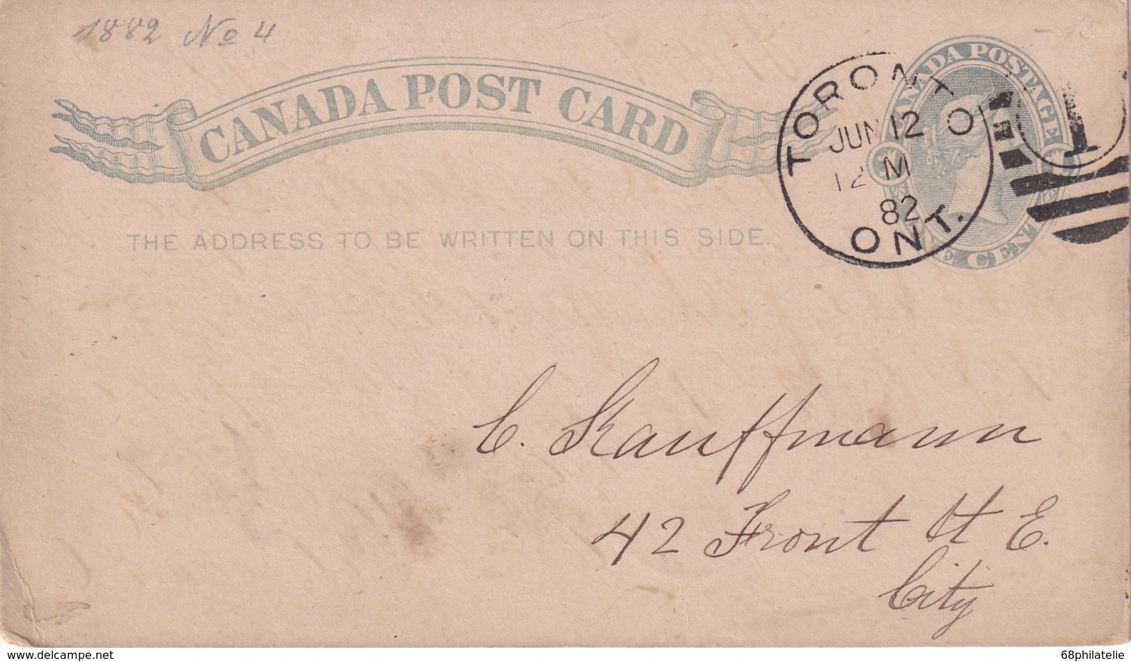 CANADA 1882 ENTIER POSTAL CARTE DE TORONTO - 1860-1899 Règne De Victoria