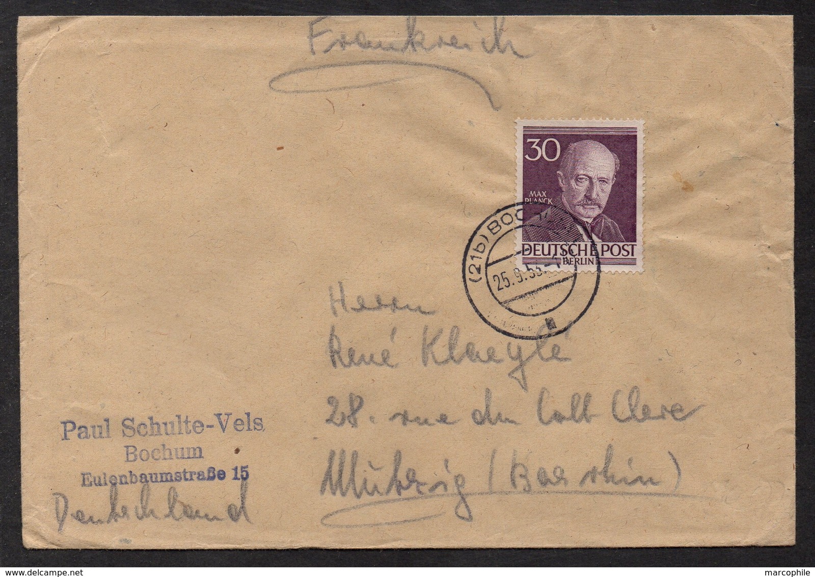 BRD - RFA -  BERLIN / 25-9-1953 MICHEL # 99 AUF BRIEF NACH FRANKREICH / KW 70.00 EURO (ref 6008) - Briefe U. Dokumente