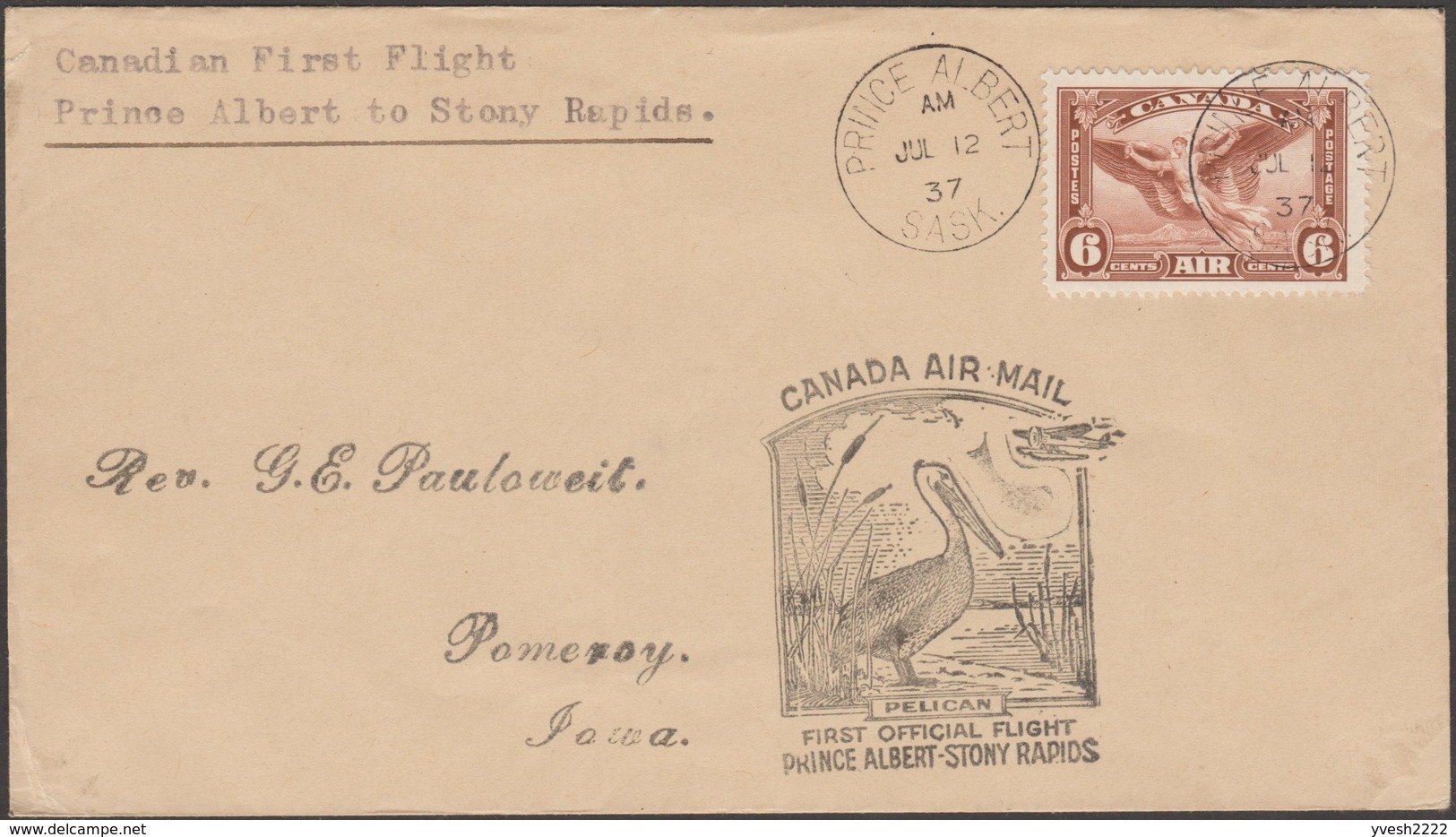 Canada 1938. Lettre Par Courrier Aérien. Premier Vol. Prince Albert à Destination De Stony Rapids. Pélican Et Hydravion - Pélicans