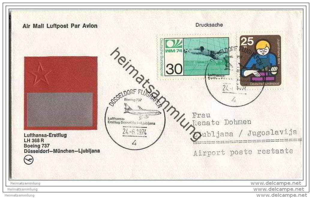 Brief Lufthansa-Erstflug LH 368 R Boeing 737 - Düsseldorf-München-Ljubljana - 24. Juni 1974 - Lettres & Documents