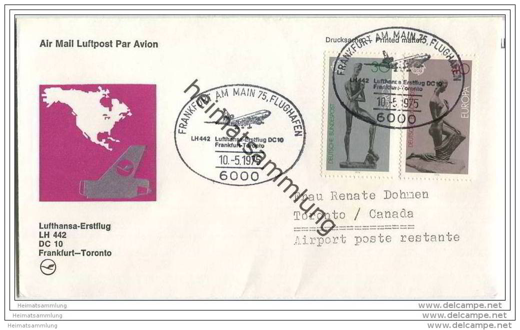 Brief Lufthansa-Erstflug LH 442 DC 10 - Frankfurt-Toronto - 10. Mai 1975 - Lettres & Documents