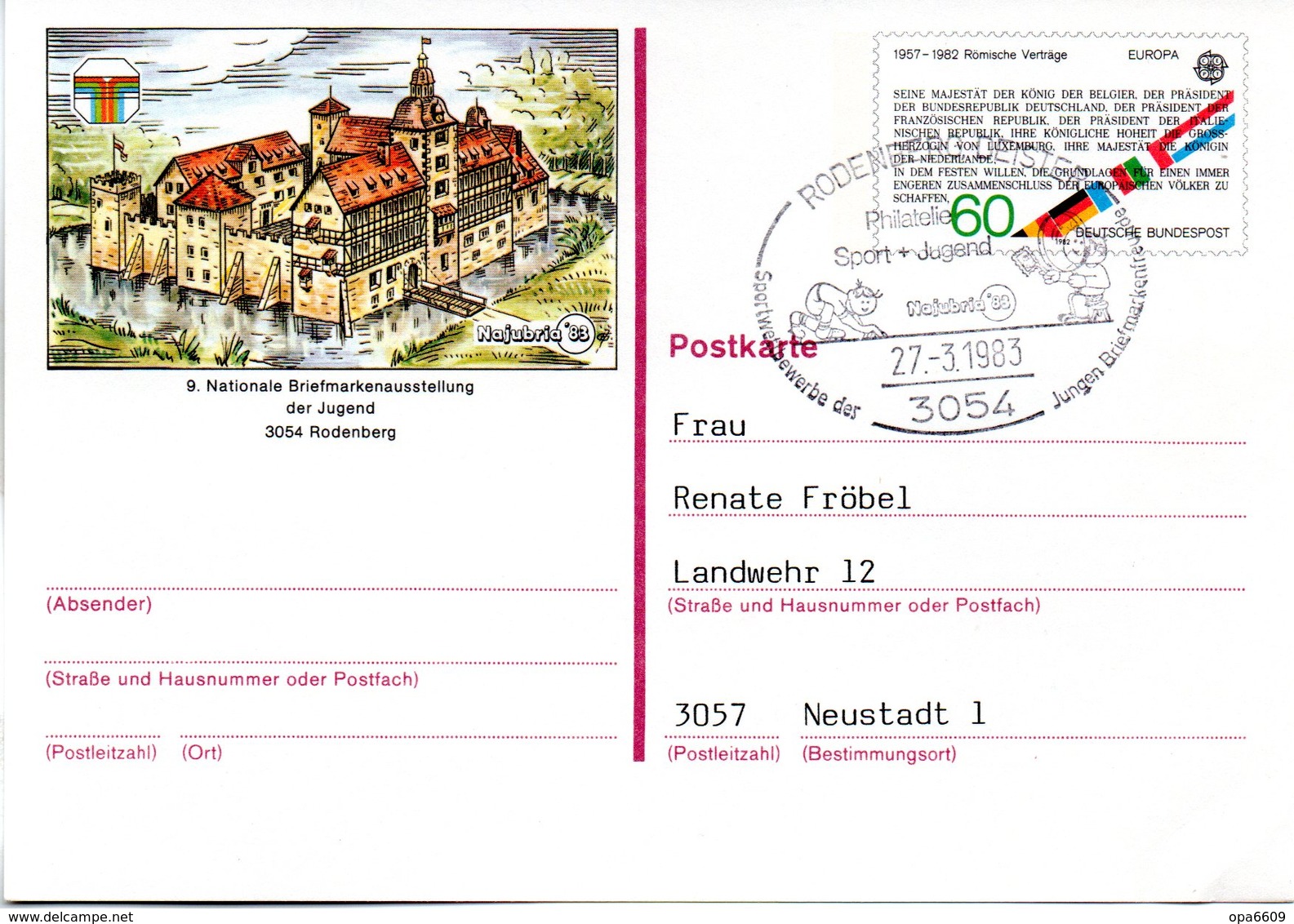 BRD Amtliche GZS-Sonderpostkarte PSo 7 "NAJUBRIA'83 In Rodenberg" WSt "Europamarke 1982" 60(Pf),SSt 27.3.1983 RODENBERG - Postkarten - Gebraucht