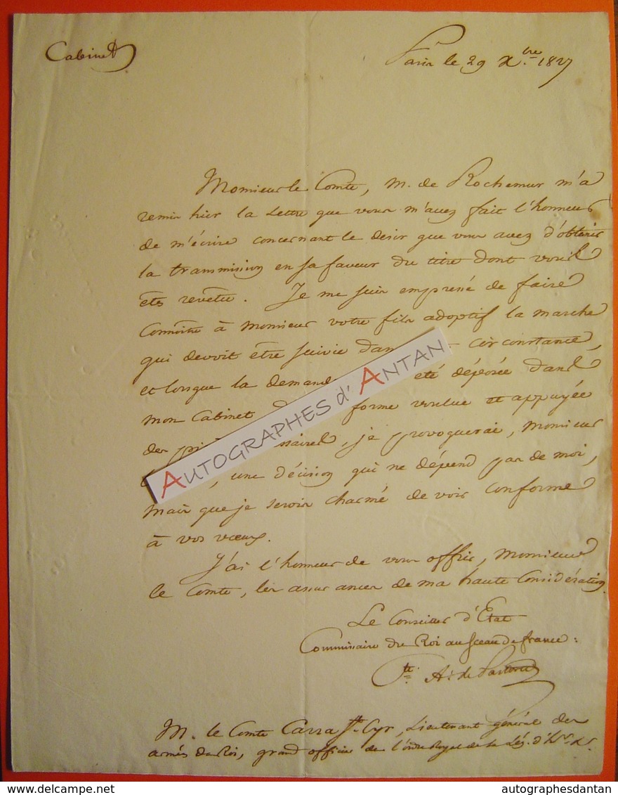 L.A.S 1827 Comte A. De PASTORET Au Cte CARRA SAINT CYR (Ltn Général Armées Du Roi) ROCHEMUR Lettre Autographe LAS - Autres & Non Classés